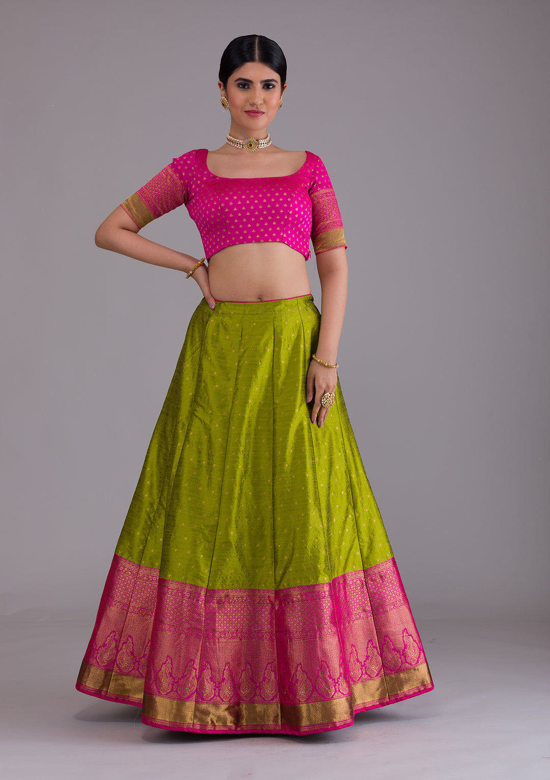 Parrot Green Zariwork Art Silk Semi Stitched Lehenga-Koskii