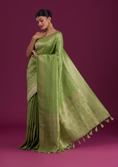 Parrot Green Zariwork Banarasi Saree-Koskii