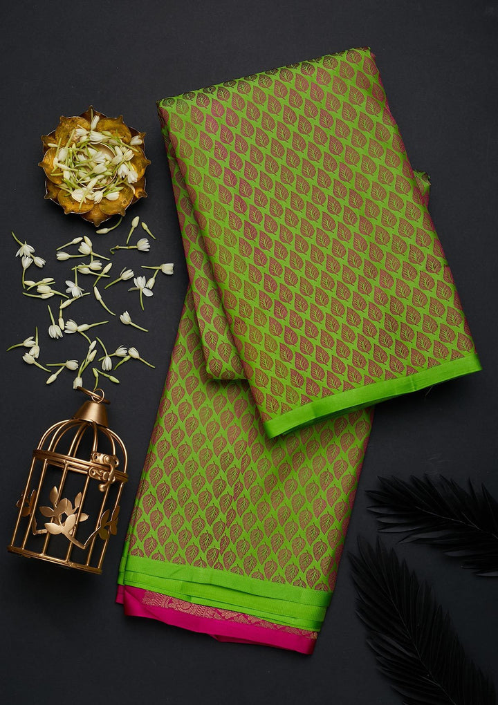Parrot Green Zariwork Pure Silk Designer Saree - Koskii