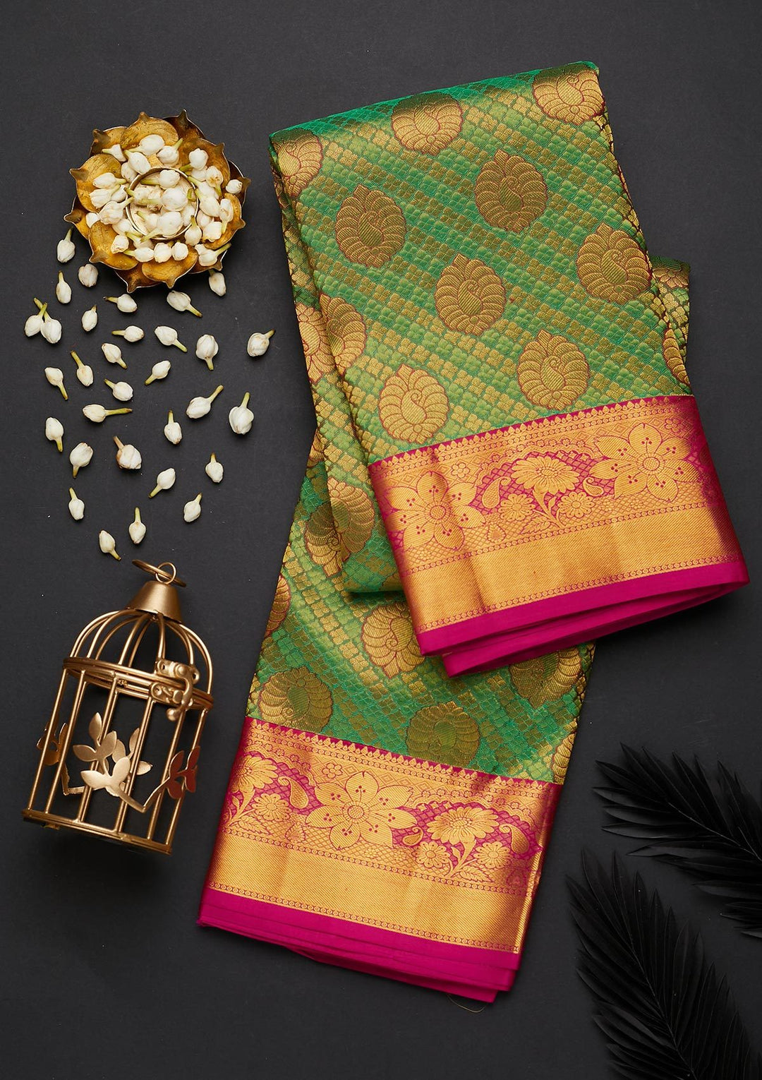 Parrot Green Zariwork Pure Silk Designer Saree - Koskii