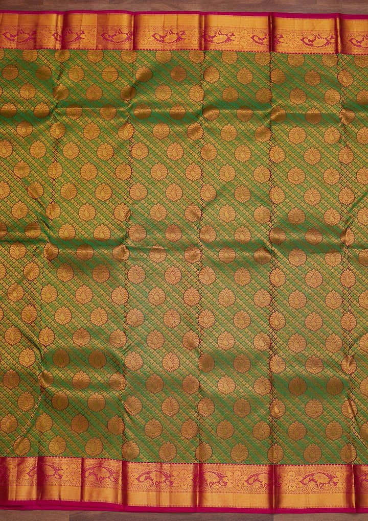 Parrot Green Zariwork Pure Silk Designer Saree - Koskii