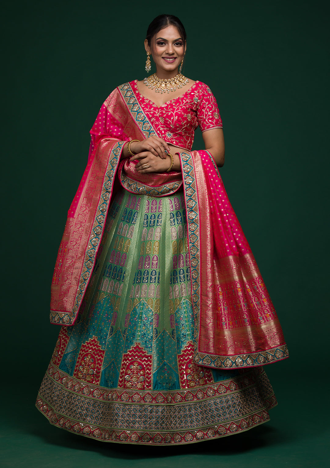 Green Zariwork Raw Silk Lehenga-Koskii
