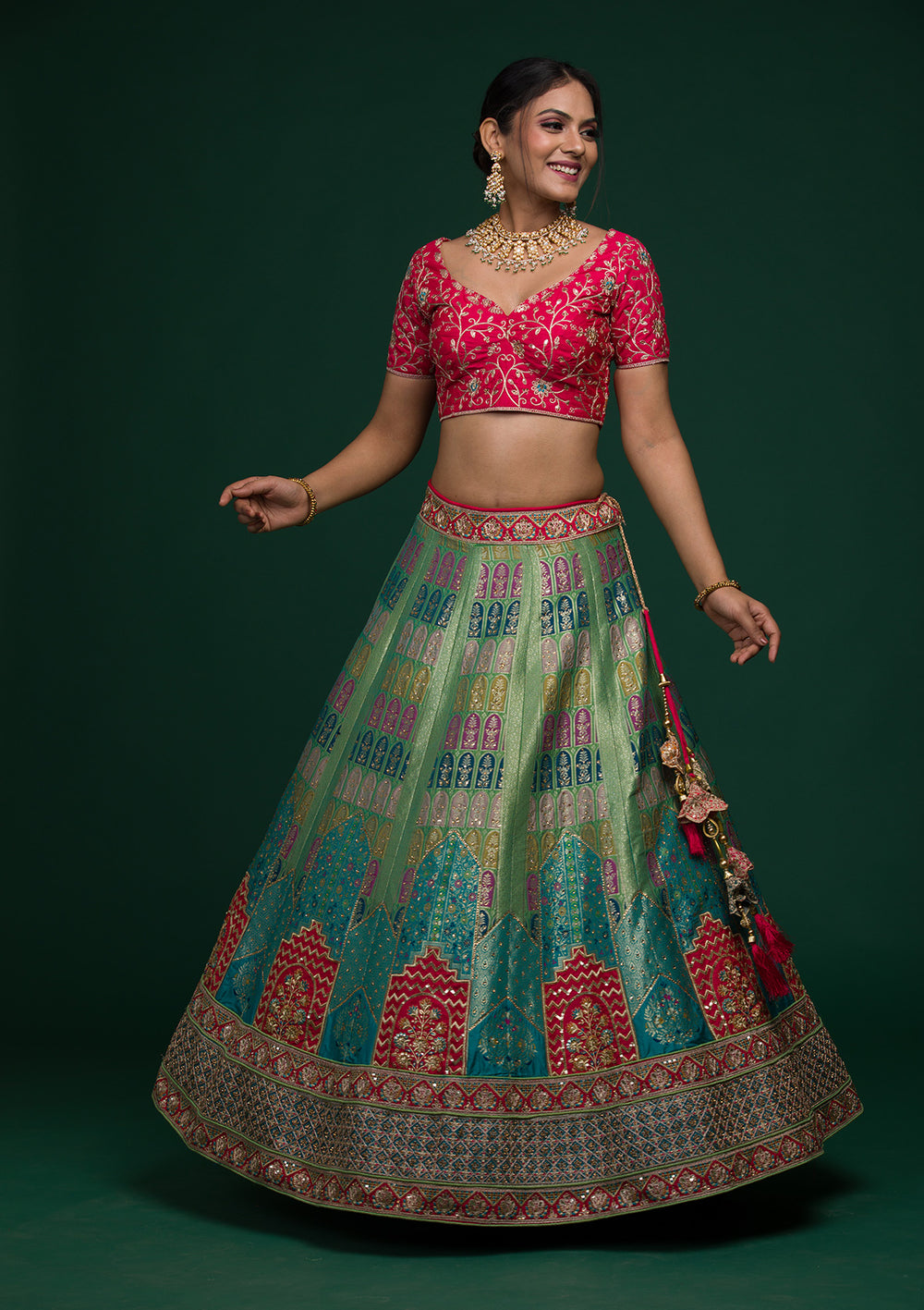 Green Zariwork Raw Silk Lehenga-Koskii