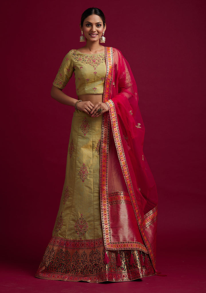 Parrot Green Zariwork Shimmer Designer Semi-Stitched Lehenga - koskii