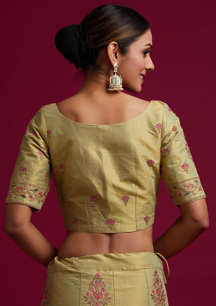 Parrot Green Zariwork Shimmer Designer Semi-Stitched Lehenga - koskii