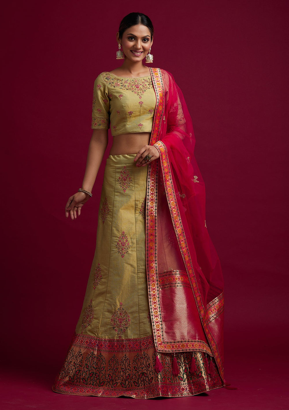Parrot Green Zariwork Shimmer Designer Semi-Stitched Lehenga - koskii