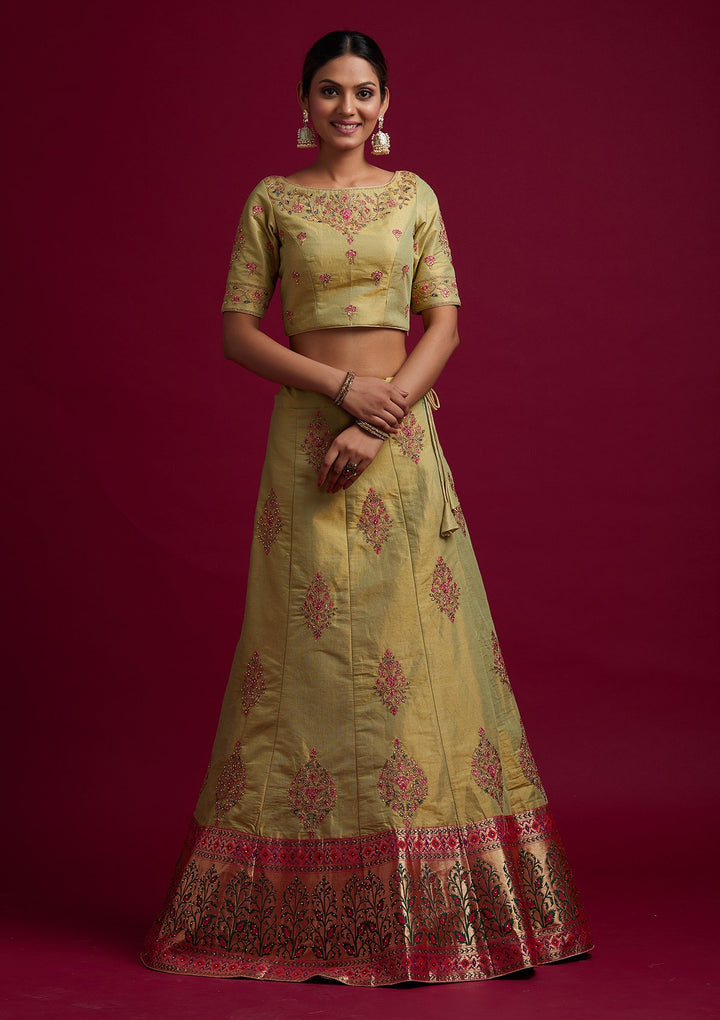 Parrot Green Zariwork Shimmer Designer Semi-Stitched Lehenga - koskii
