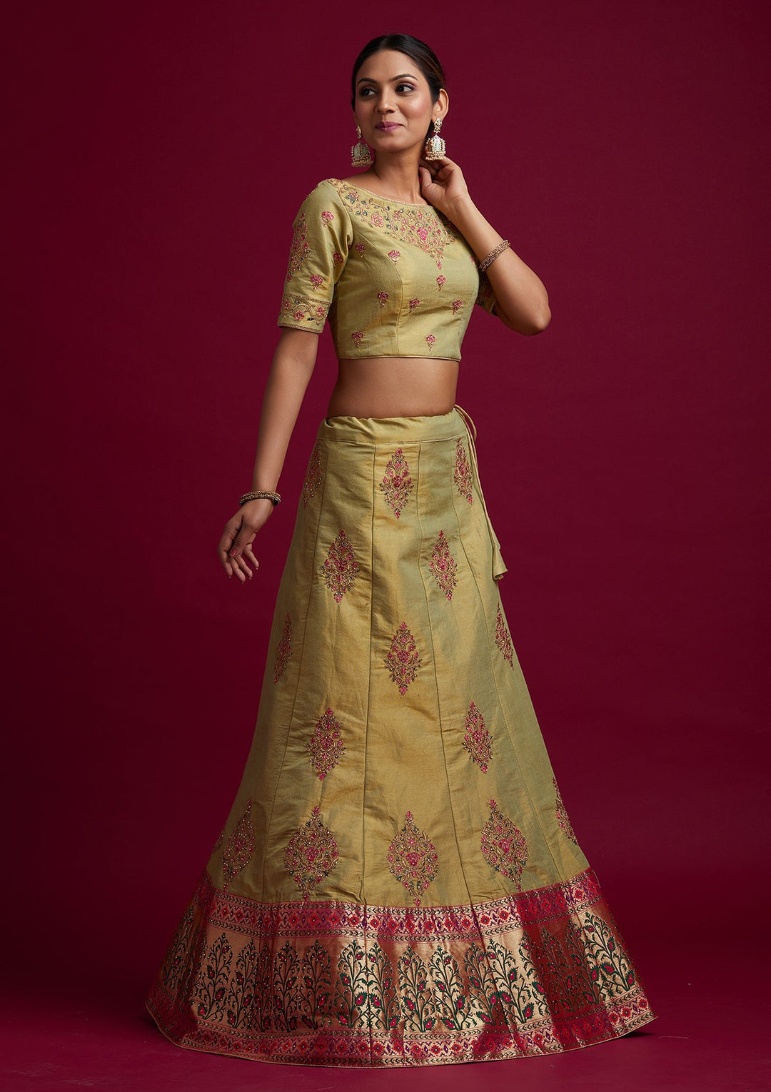 Parrot Green Zariwork Shimmer Designer Semi-Stitched Lehenga - koskii