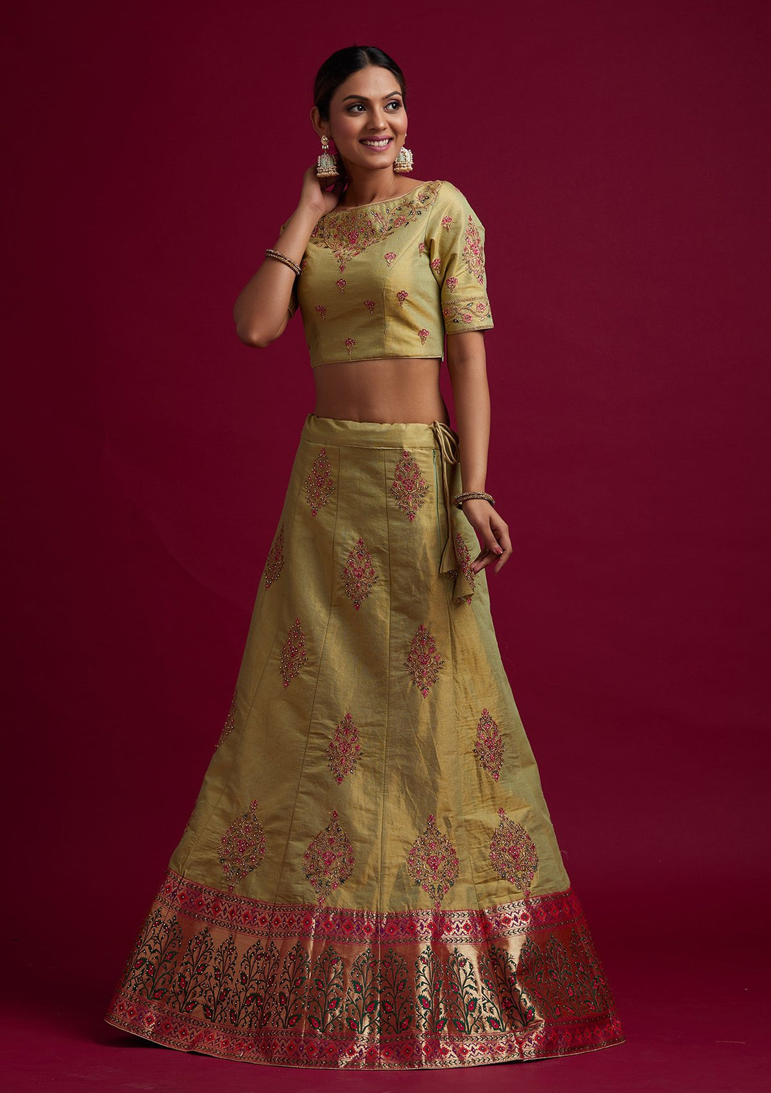 Parrot Green Zariwork Shimmer Designer Semi-Stitched Lehenga - koskii