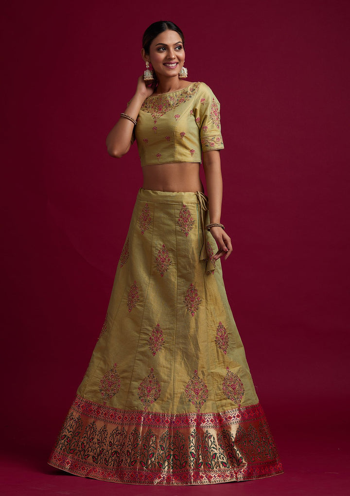 Parrot Green Zariwork Shimmer Designer Semi-Stitched Lehenga - koskii