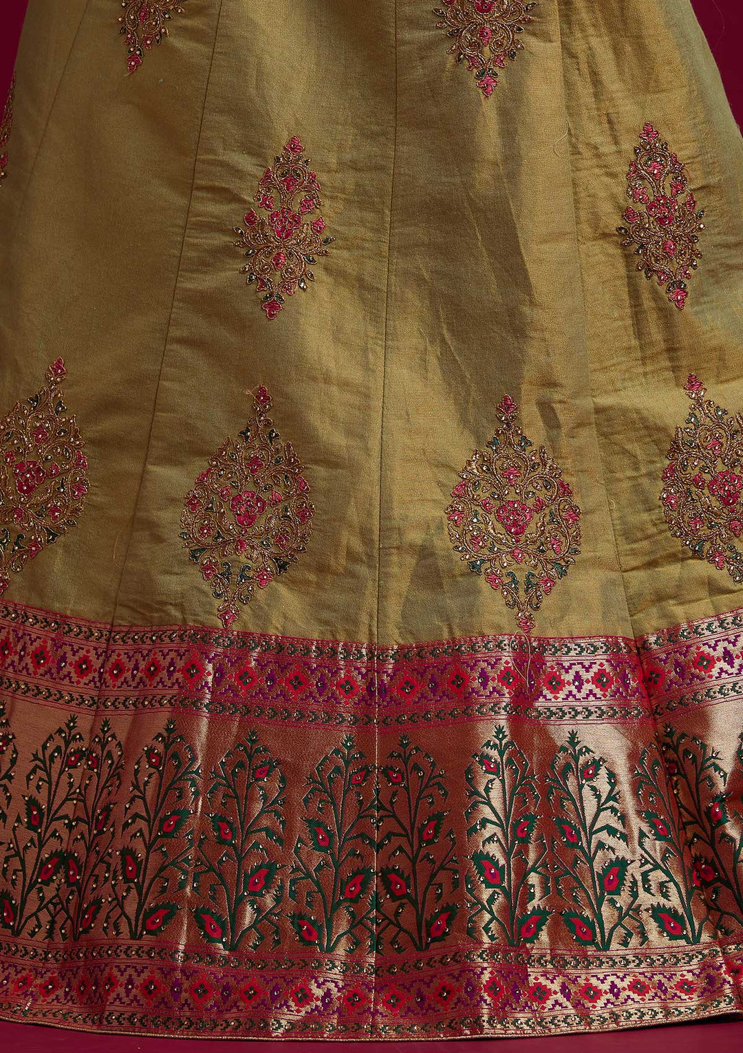 Parrot Green Zariwork Shimmer Designer Semi-Stitched Lehenga - koskii