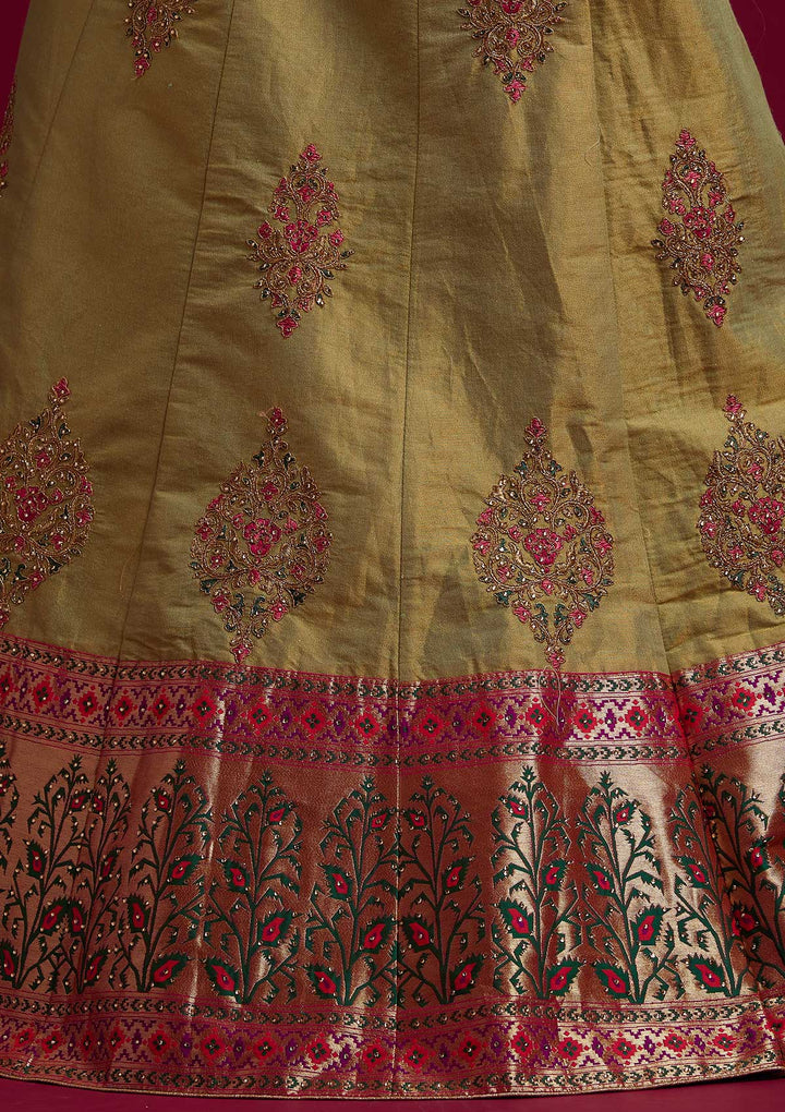 Parrot Green Zariwork Shimmer Designer Semi-Stitched Lehenga - koskii