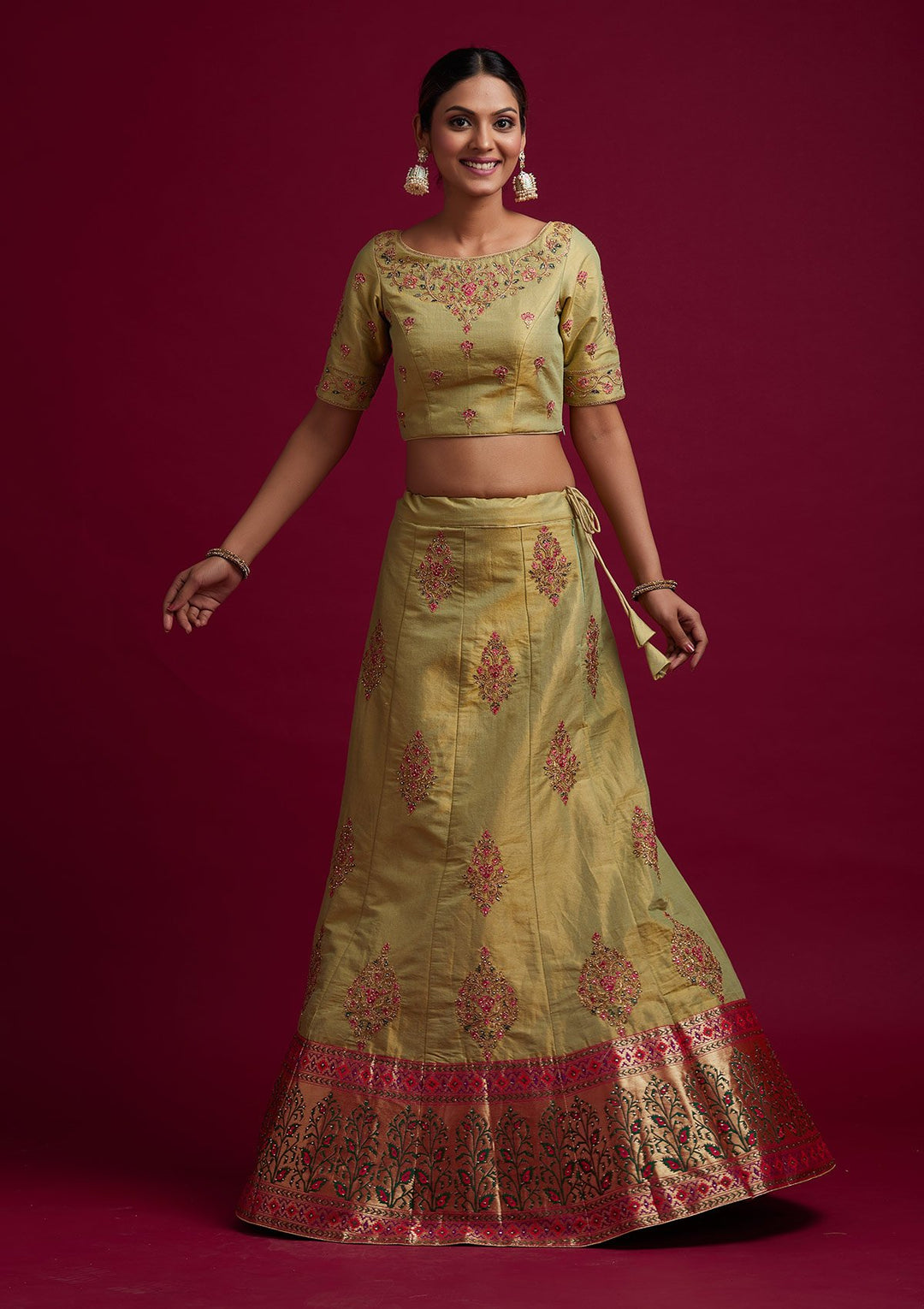 Parrot Green Zariwork Shimmer Designer Semi-Stitched Lehenga - koskii