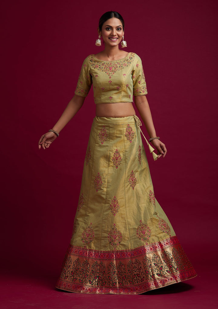 Parrot Green Zariwork Shimmer Designer Semi-Stitched Lehenga - koskii