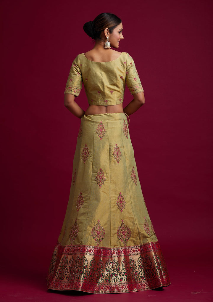 Parrot Green Zariwork Shimmer Designer Semi-Stitched Lehenga - koskii