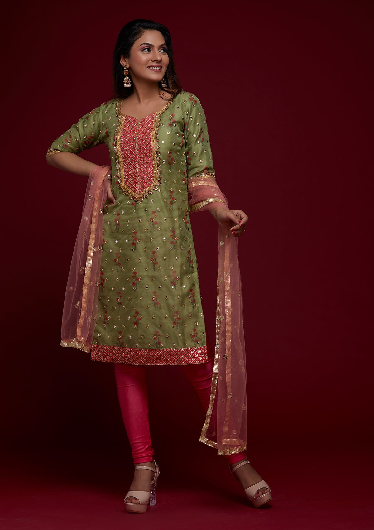 Parrot Green Zariwork Shimmer Designer Salwar Suit - Koskii