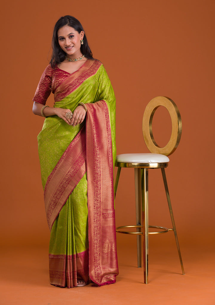 Parrot Green Zariwork Banarasi Saree-Koskii