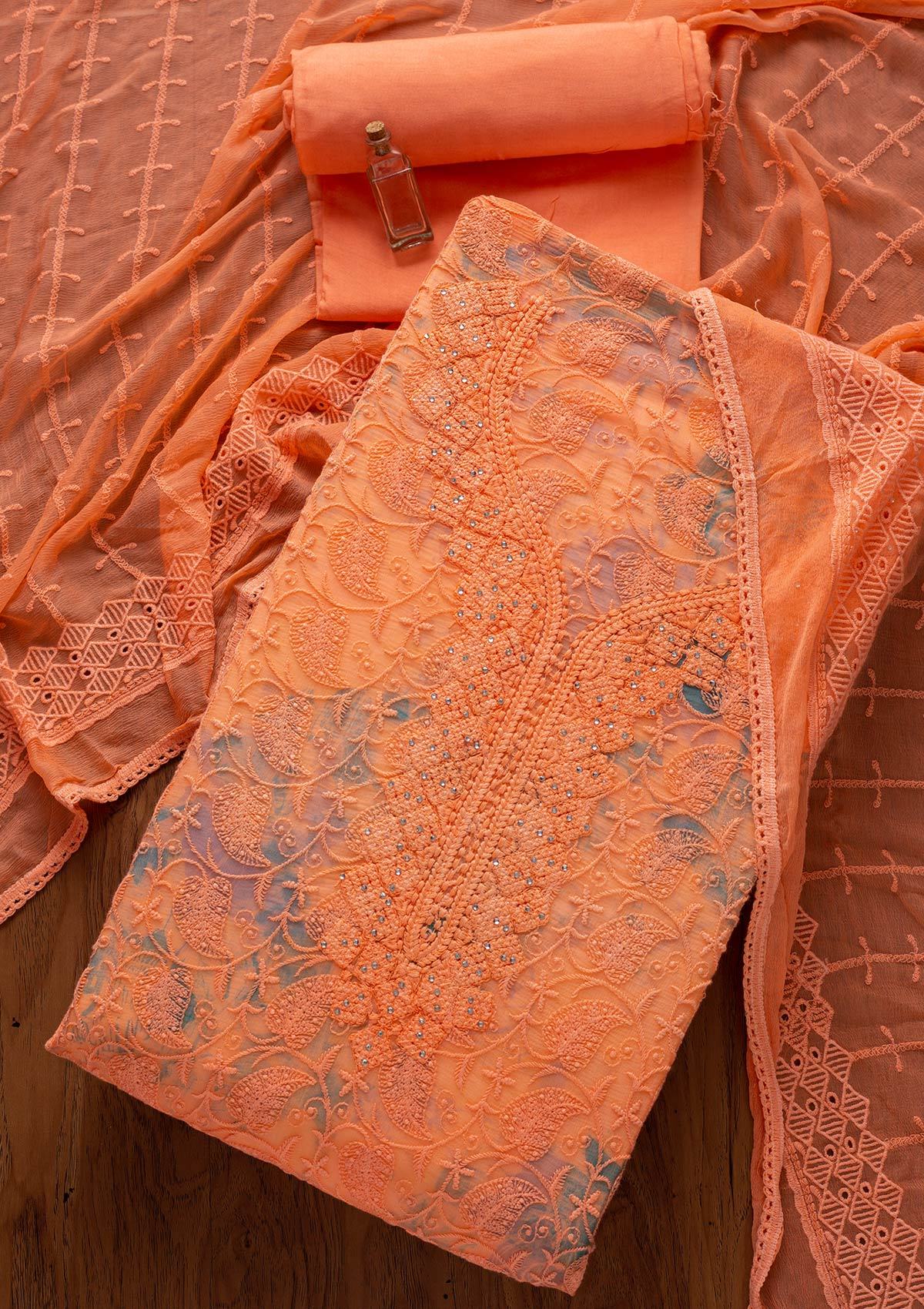 Peach Chikankari Chiffon Designer Unstitched Salwar Suit - koskii