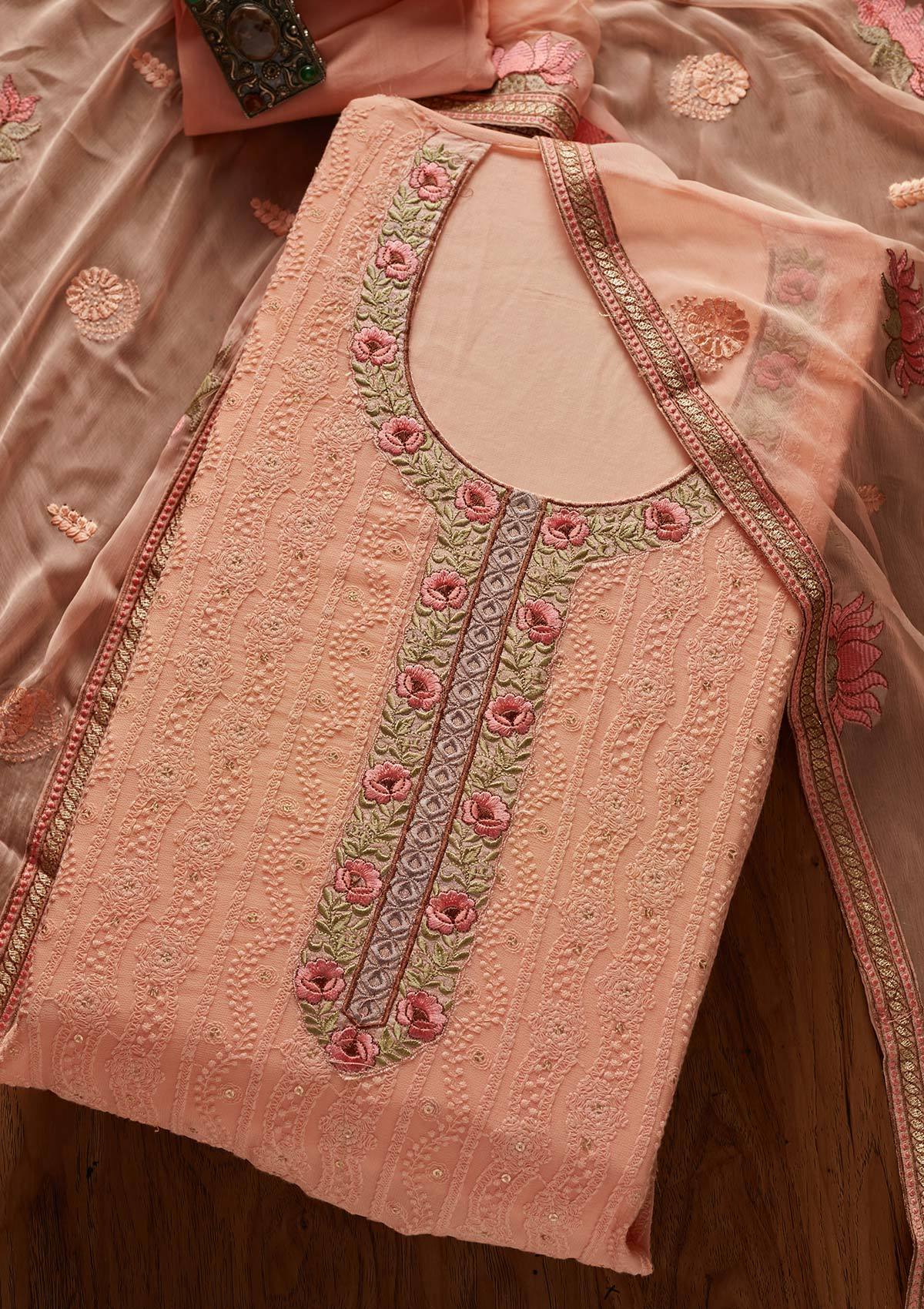 Peach Chikankari Georgette Designer Unstitched Salwar Suit - koskii