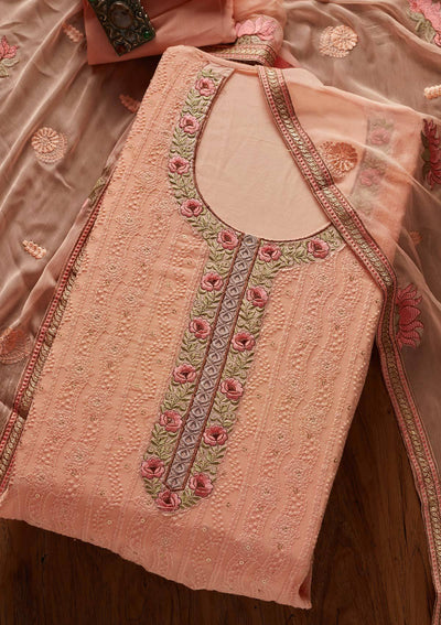 Peach Chikankari Georgette Designer Unstitched Salwar Suit - koskii