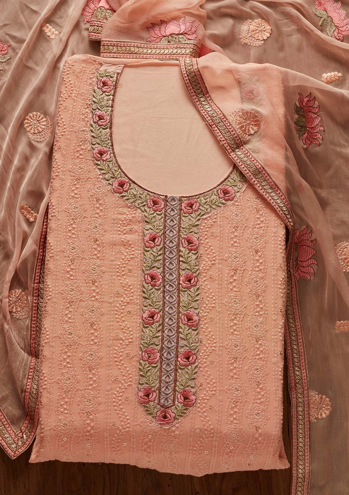 Peach Chikankari Georgette Designer Unstitched Salwar Suit - koskii