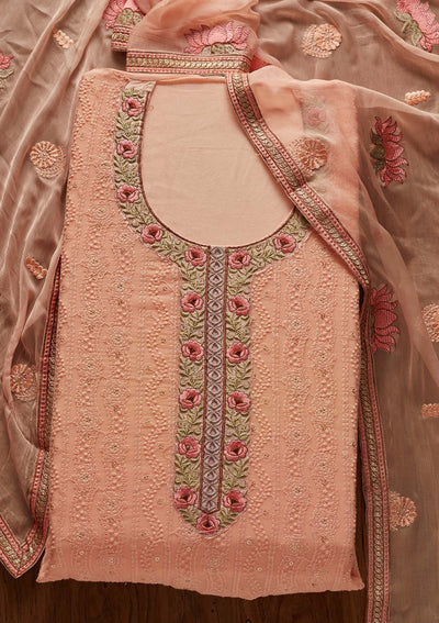 Peach Chikankari Georgette Designer Unstitched Salwar Suit - koskii
