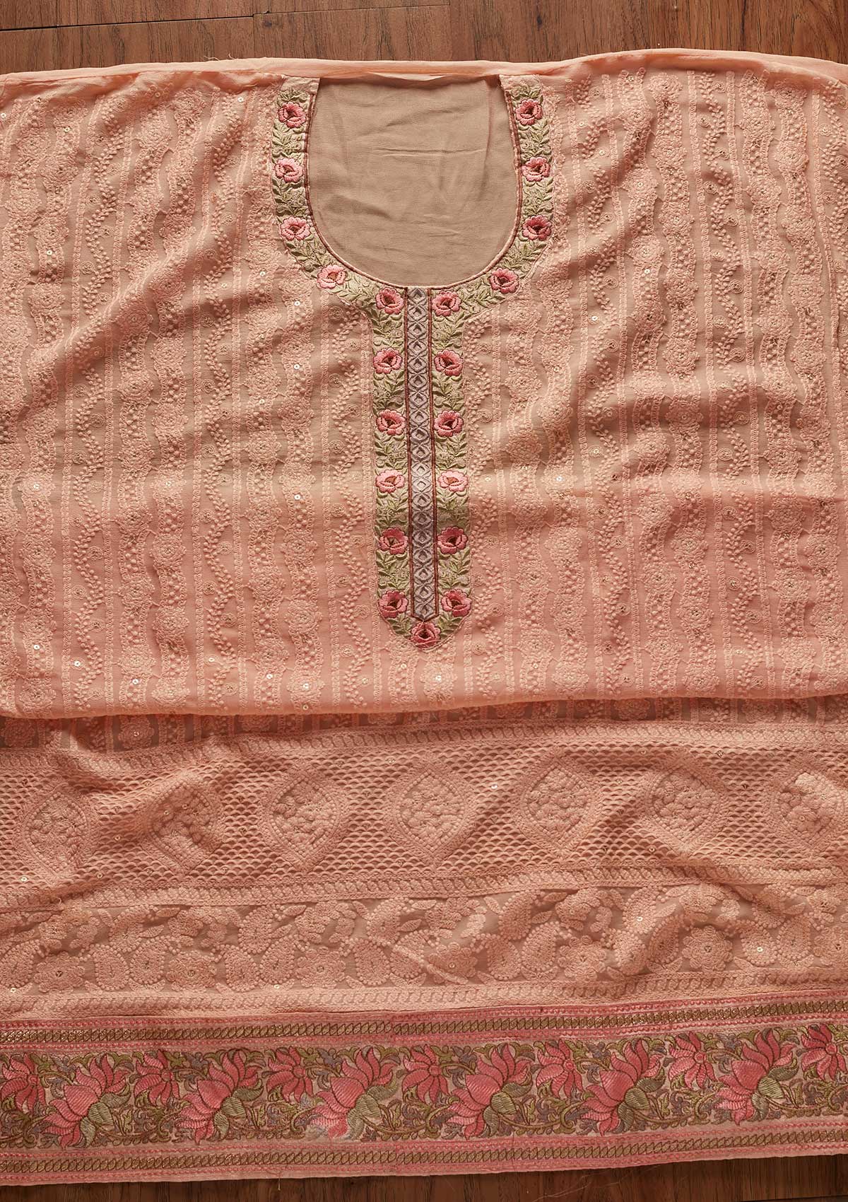 Peach Chikankari Georgette Designer Unstitched Salwar Suit - koskii