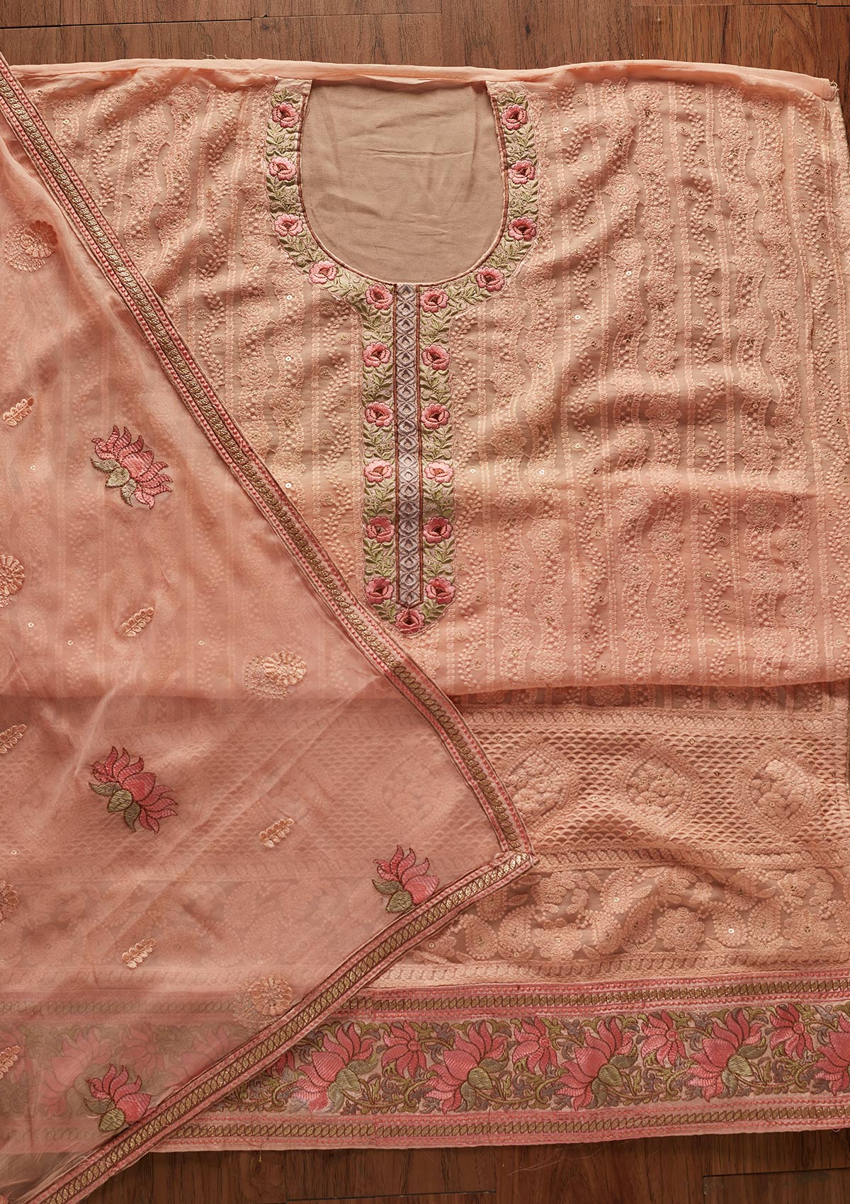 Peach Chikankari Georgette Designer Unstitched Salwar Suit - koskii