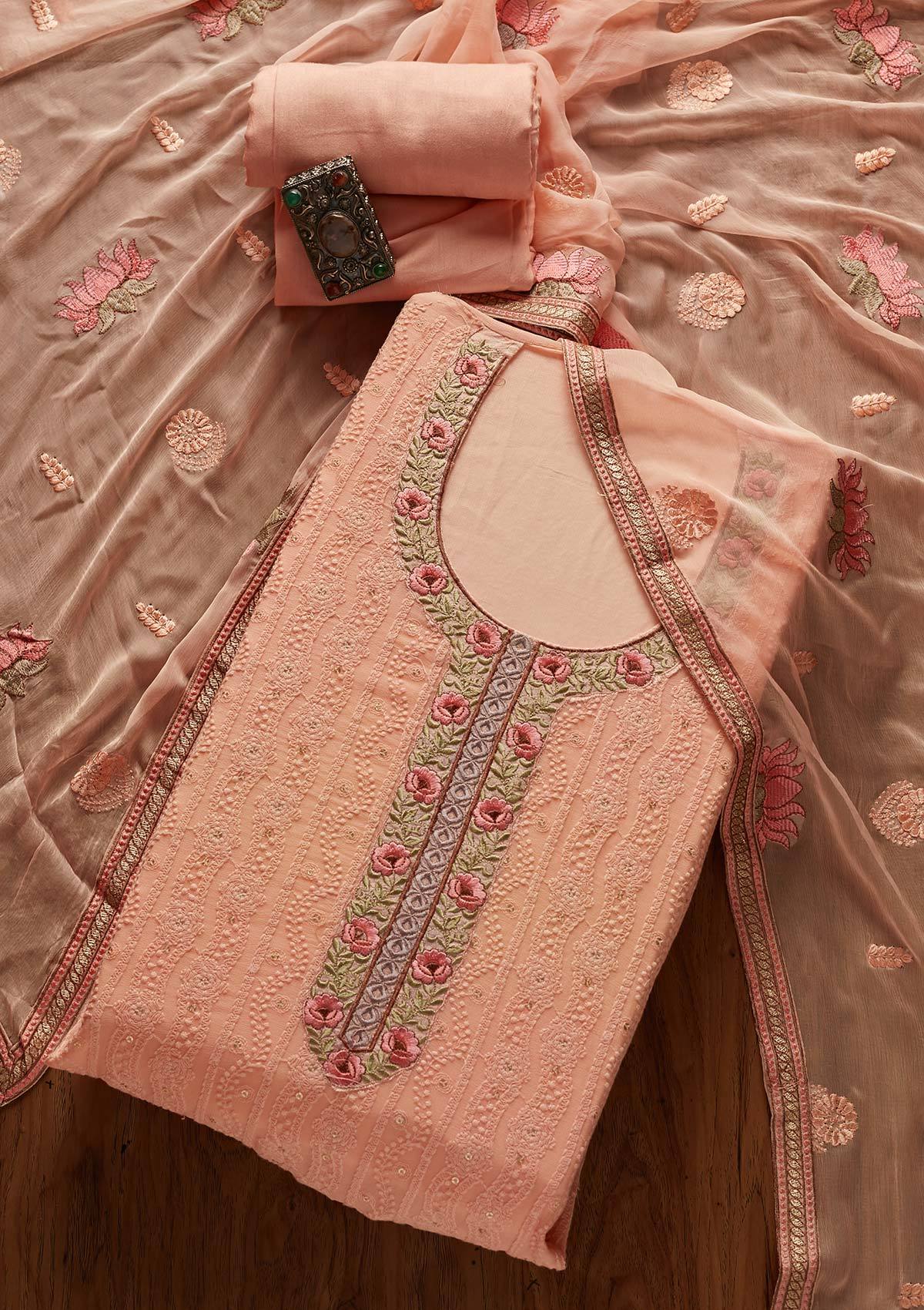 Peach Chikankari Georgette Designer Unstitched Salwar Suit - koskii