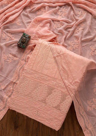 Peach Chikankari Georgette Designer Unstitched Salwar Suit - koskii