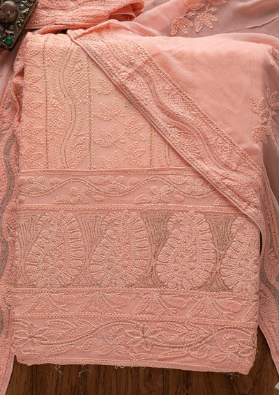 Peach Chikankari Georgette Designer Unstitched Salwar Suit - koskii