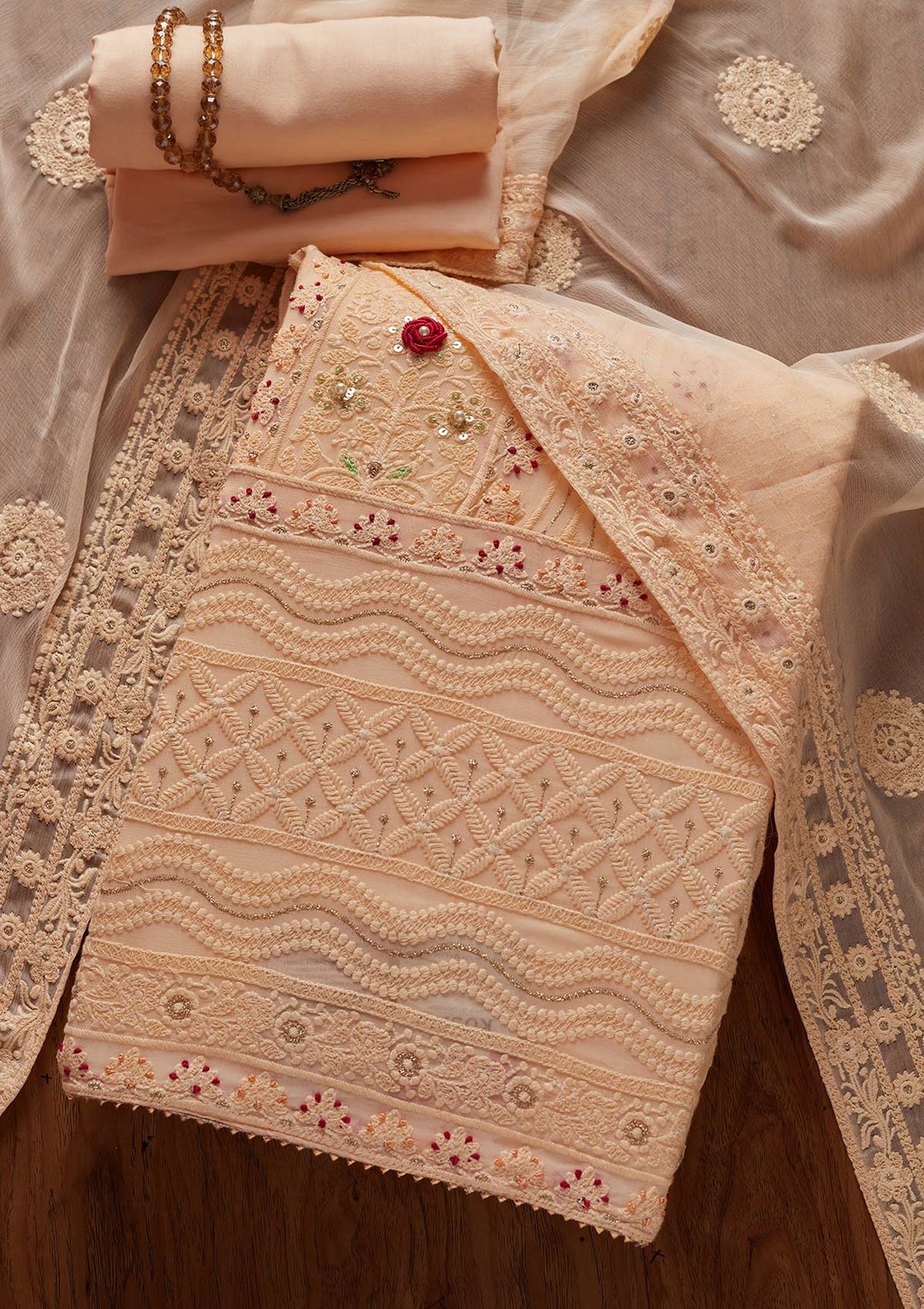 Peach Chikankari Georgette Designer Unstitched Salwar Suit - koskii