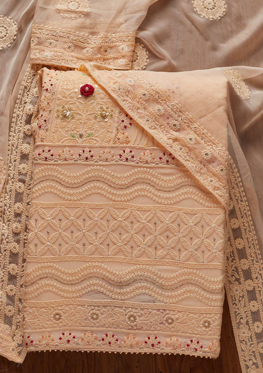 Peach Chikankari Georgette Designer Unstitched Salwar Suit - koskii