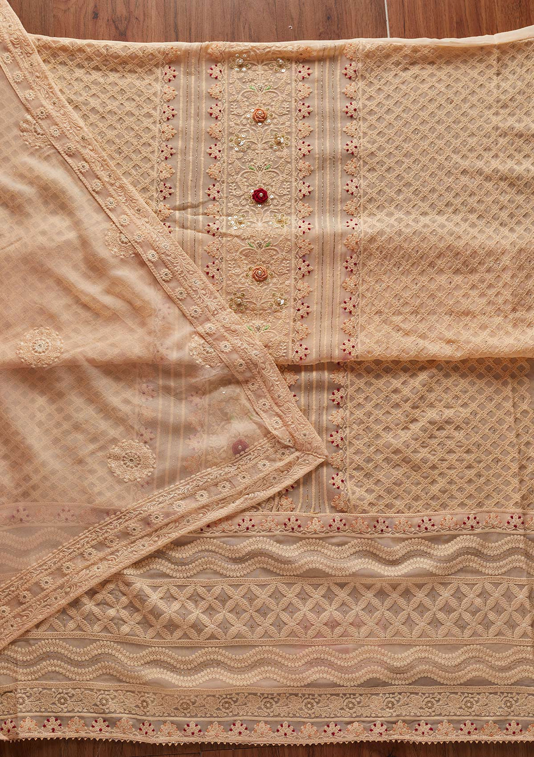 Peach Chikankari Georgette Designer Unstitched Salwar Suit - koskii