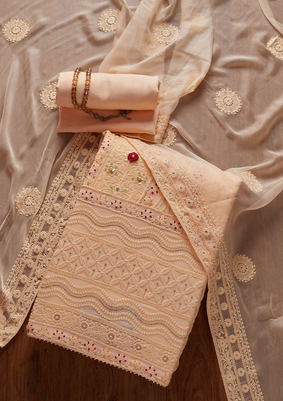Peach Chikankari Georgette Designer Unstitched Salwar Suit - koskii