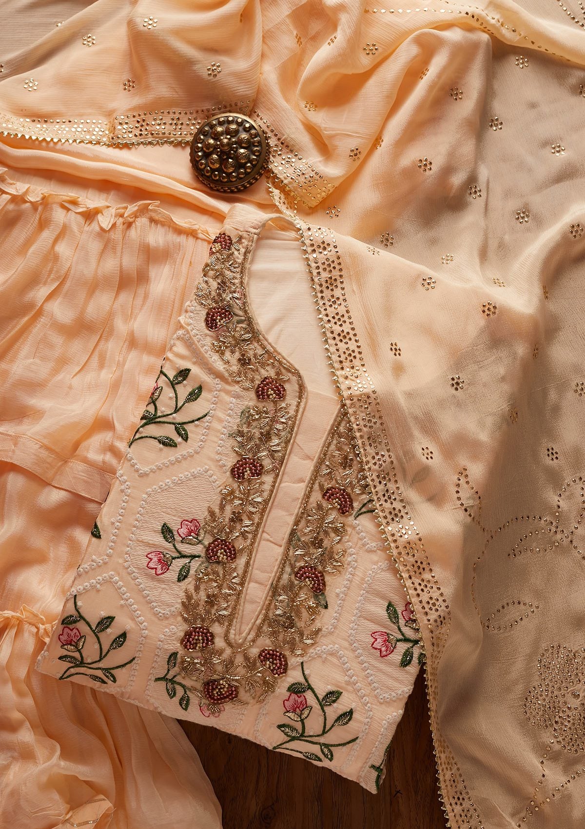 Peach Chikankari Semi Crepe Designer Semi-Stitched Salwar Suit - koskii