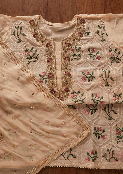 Peach Chikankari Semi Crepe Designer Semi-Stitched Salwar Suit - koskii