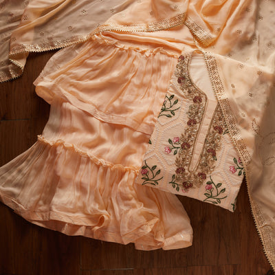 Peach Chikankari Semi Crepe Designer Semi-Stitched Salwar Suit - koskii