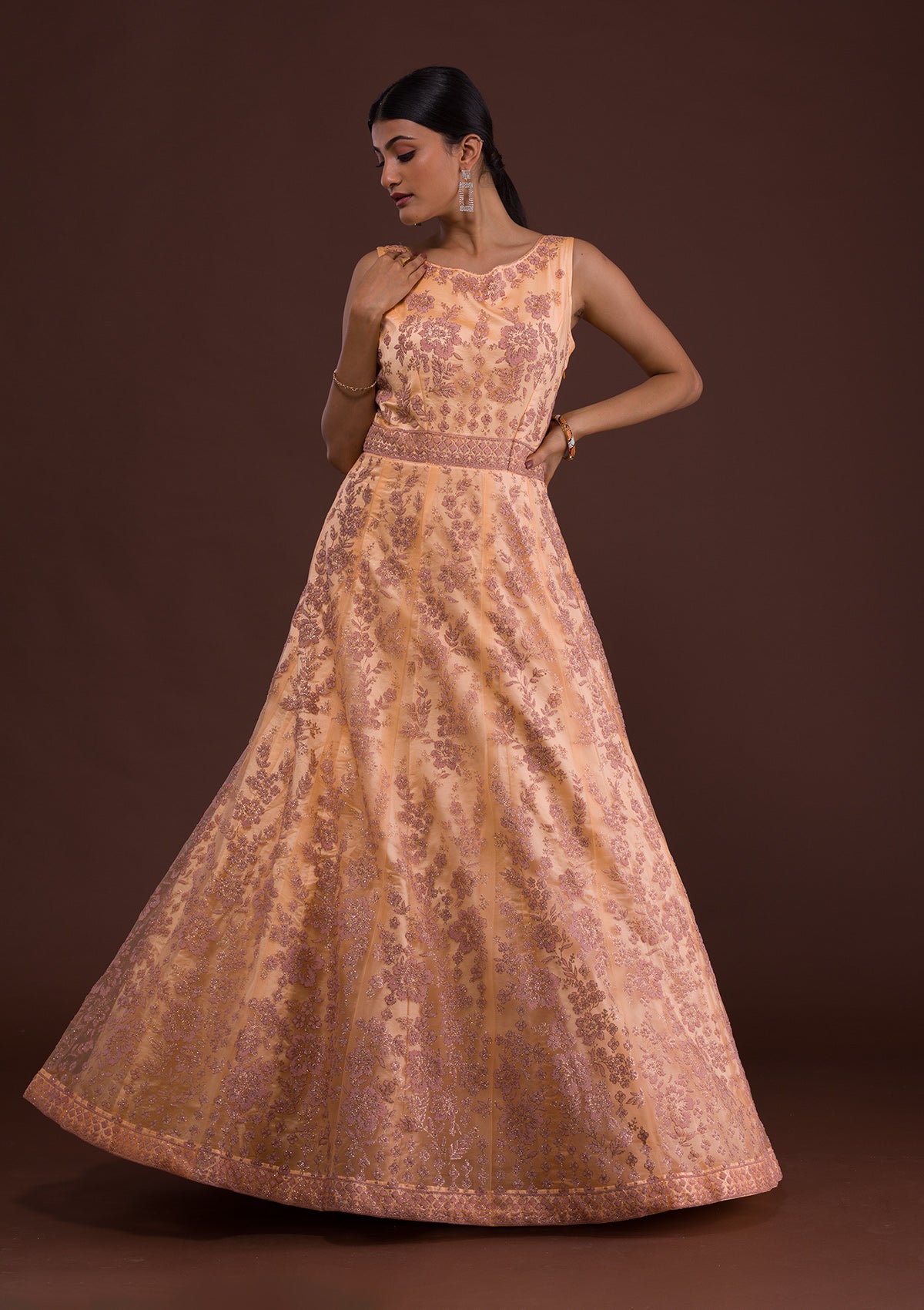 Peach Muslin Silk Solid Women Gown - VDVSF00106 | Indian Silk House Agencies