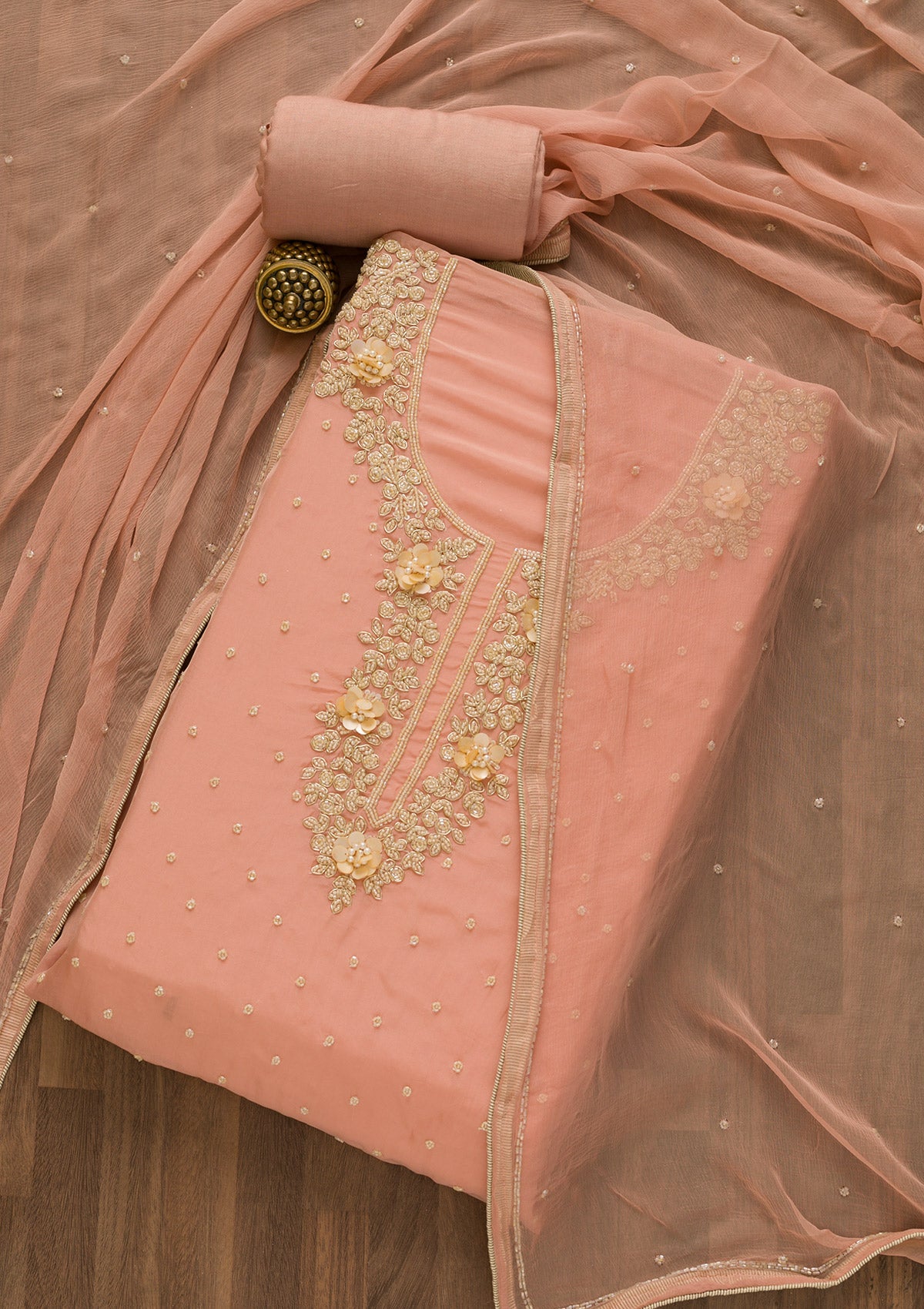 Peach Cutdana Tissue Unstitched Salwar Suit-Koskii