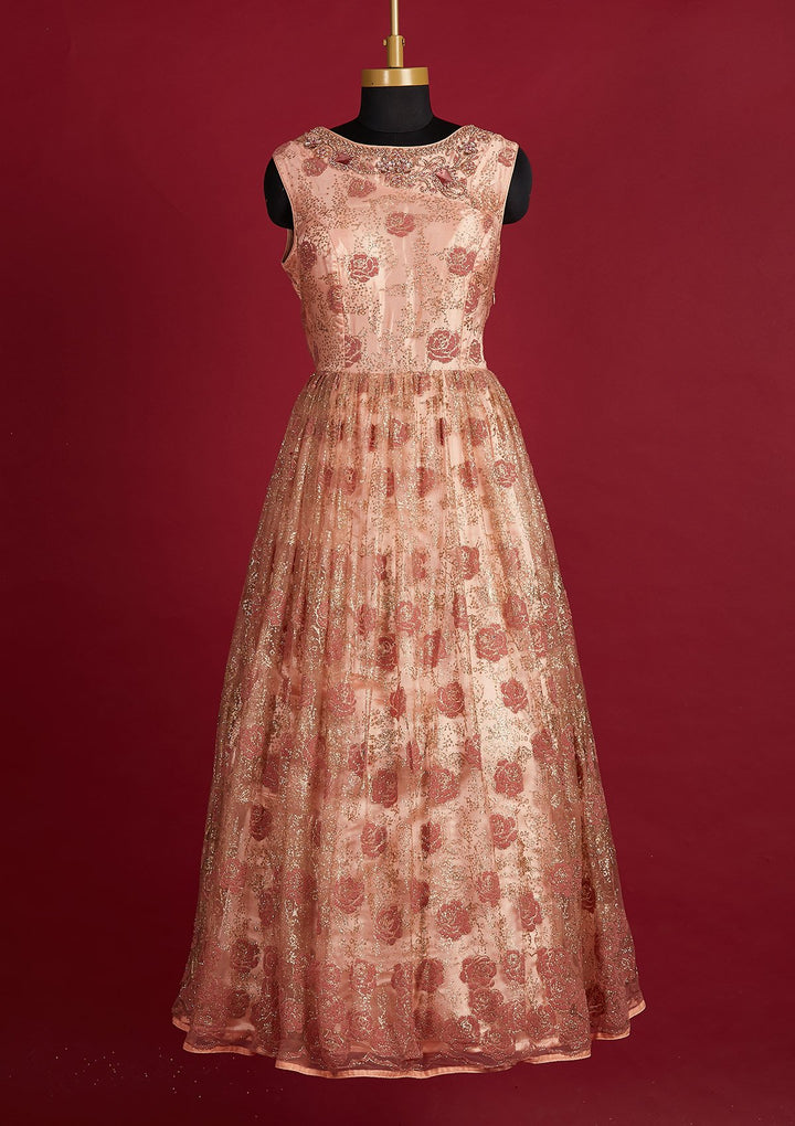 Peach Glitter Net Designer Gown - Koskii