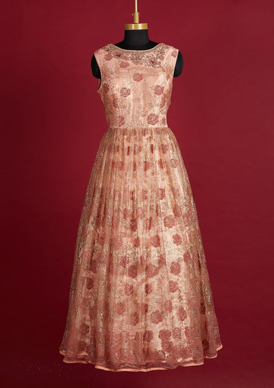 Peach Glitter Net Designer Gown - Koskii