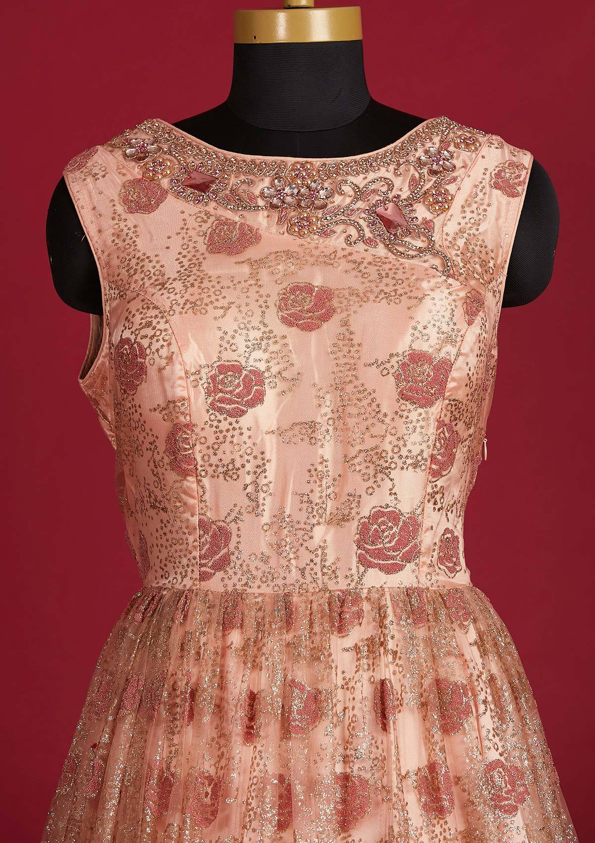 Peach Glitter Net Designer Gown - Koskii