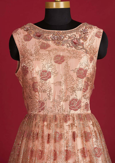Peach Glitter Net Designer Gown - Koskii