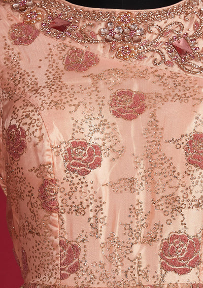Peach Glitter Net Designer Gown - Koskii