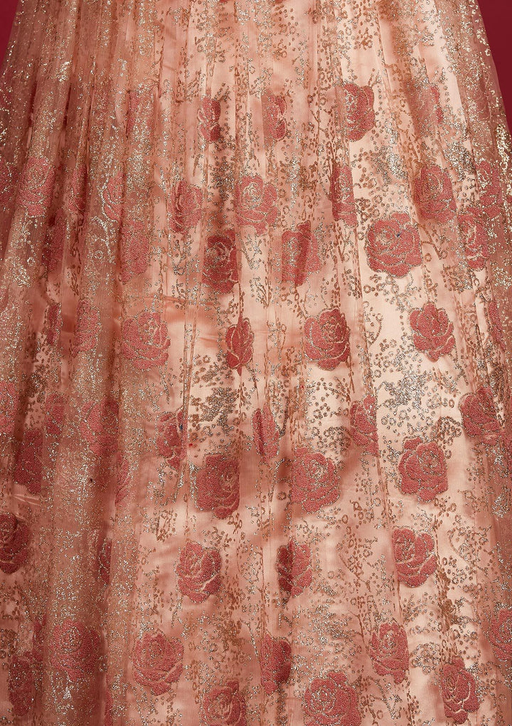 Peach Glitter Net Designer Gown - Koskii