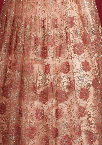 Peach Glitter Net Designer Gown - Koskii
