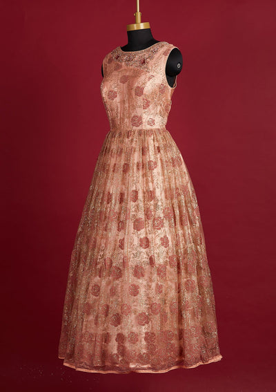Peach Glitter Net Designer Gown - Koskii
