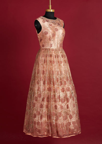 Peach Glitter Net Designer Gown - Koskii