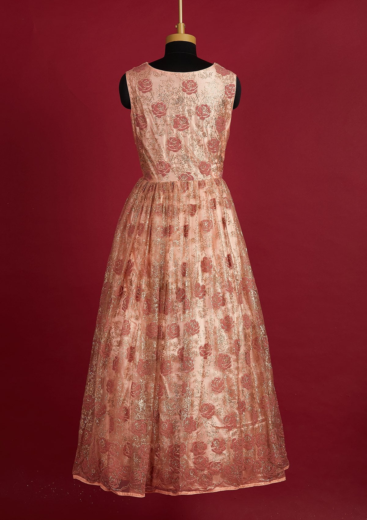 Peach Glitter Net Designer Gown - Koskii